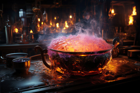 Witch cauldron with boiling luminous potion and various magic ritual attributes for alchemy, spooky wallpaper for Halloween, AI Generated illustrationの素材