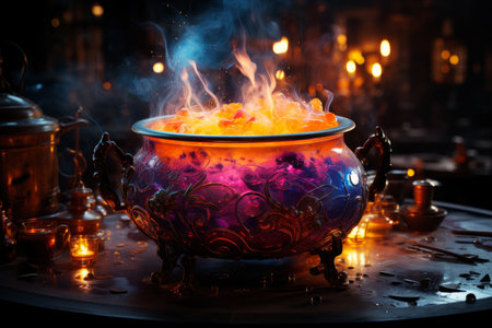 Witch cauldron with boiling luminous potion and various magic ritual attributes for alchemy, spooky wallpaper for Halloween, AI Generated illustrationの素材