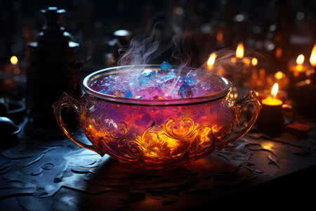 Witch cauldron with boiling luminous potion and various magic ritual attributes for alchemy, spooky wallpaper for Halloween, AI Generated illustrationの素材