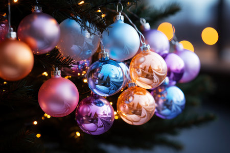 Colorful Christmas balls closeup, xmas decorations, new year tradition, AI Generated illustrationの素材