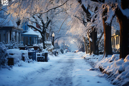 Snow covered street in the suburbs in winter on New Year's Eve, AI Generated illustrationの素材