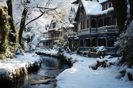 Snow covered street in the suburbs in winter on New Year's Eve, AI Generated illustrationの素材