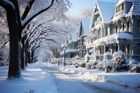 Snow covered street in the suburbs in winter on New Year's Eve, AI Generated illustrationの素材