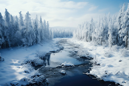 Freezing river in a snowy winter forest, snow and ice in nature, beautiful winter landscape, AI Generated illustrationの素材