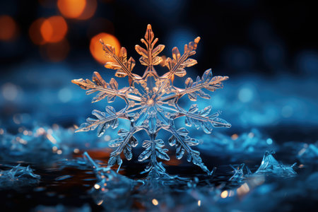 Big snowflake close-up, winter, snowdrifts and New Year's symbol, AI Generated illustrationの素材