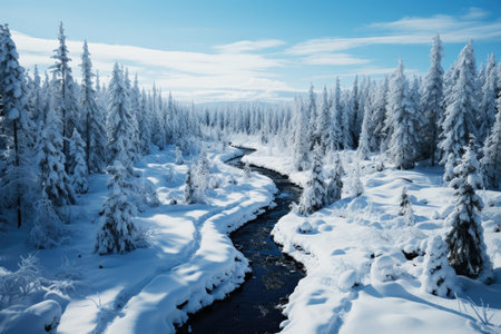 Freezing river in a snowy winter forest, snow and ice in nature, beautiful winter landscape, AI Generated illustration