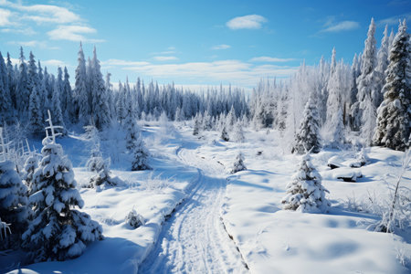 Freezing road in a snowy winter forest, snow and ice in nature, beautiful winter landscape, AI Generated illustrationの素材