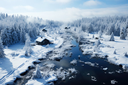 Freezing river in a snowy winter forest, snow and ice in nature, beautiful winter landscape, AI Generated illustrationの素材