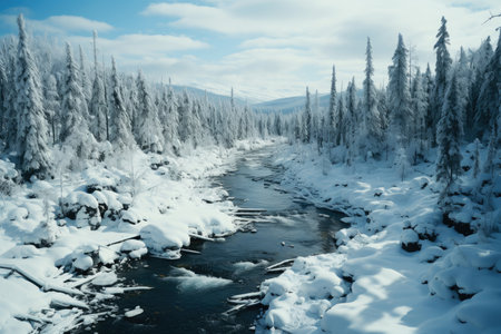 Freezing river in a snowy winter forest, snow and ice in nature, beautiful winter landscape, AI Generated illustrationの素材