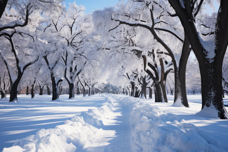 Snow-covered winter alley in the park, a path among trees covered with frost, cold season wallpaper, AI Generated illustrationの素材