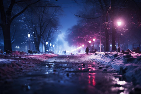 Snow covered night city street with illumination, AI Generated illustrationの素材