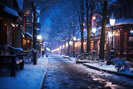 Snow covered street in the suburbs in winter on New Year's Eve, AI Generated illustrationの素材