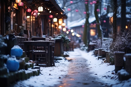 Snow covered street in the suburbs in winter on New Year's Eve, AI Generated illustrationの素材