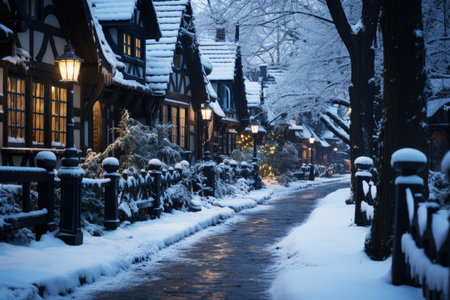 Snow covered street in the suburbs in winter on New Year's Eve, AI Generated illustrationの素材