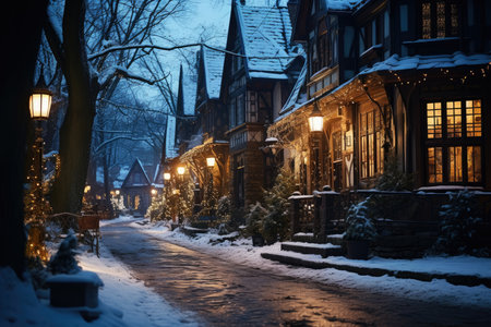 Snow covered street in the suburbs in winter on New Year's Eve, AI Generated illustrationの素材