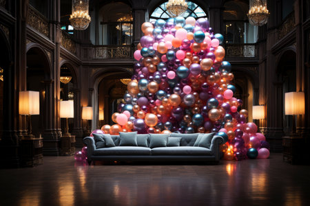 Luxurious interior decorated with balloons for celebrating an important event, birthday, wedding, Christmas, AI Generated illustrationの素材