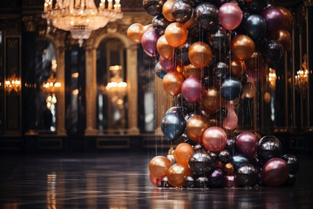 Luxurious interior decorated with balloons for celebrating an important event, birthday, wedding, Christmas, AI Generated illustrationの素材
