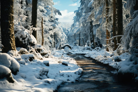 Freezing road in a snowy winter forest, snow and ice in nature, beautiful winter landscape, AI Generated illustrationの素材