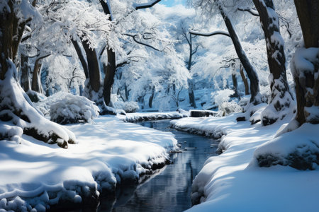 Freezing river in a snowy winter forest, snow and ice in nature, beautiful winter landscape, AI Generated illustrationの素材