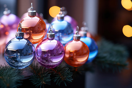 Colorful Christmas balls closeup, xmas decorations, new year tradition, AI Generated illustrationの素材