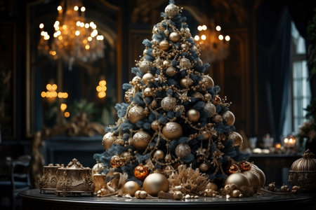 Decorated Christmas mini tree with golden balls, new year tradition, merry xmas, AI Generated illustrationの素材