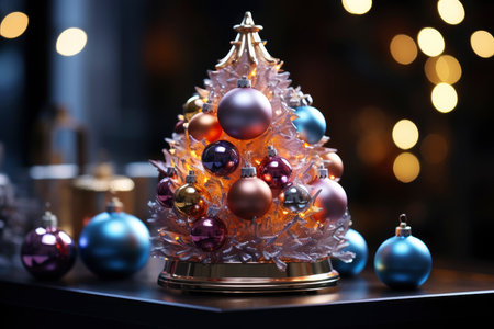 Decorated Christmas mini tree with colorful balls, new year tradition, merry xmas, AI Generated illustrationの素材
