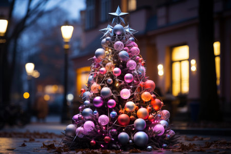 Decorated Christmas tree with colorful balls in the yard of the house, new year tradition, merry xmas, AI Generated illustrationの素材