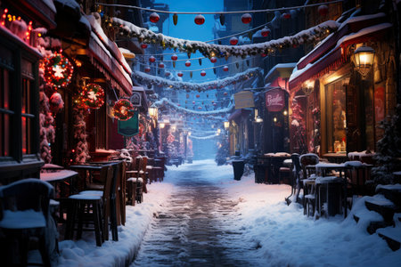Night city winter snowy street decorated with luminous garlands and lanterns for christmas, urban preparations for new year, AI Generated illustrationの素材