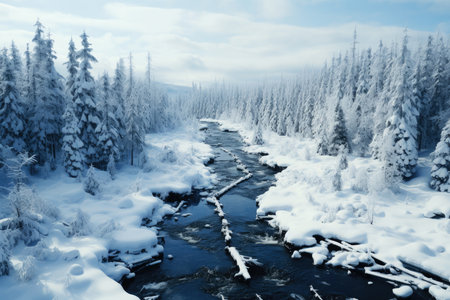 Freezing river in a snowy winter forest, snow and ice in nature, beautiful winter landscape, AI Generated illustration