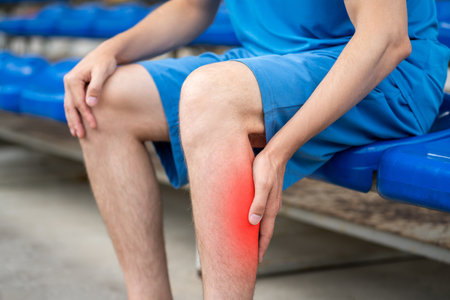 The man's calf muscle cramped, massage of male leg on a sports ground after workout, healthy...