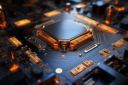 Futuristic future motherboard design with CPU socket, microchips, microprocessors, integrated circuits and connectors for connection, technology science background, AI Generated illustrationの素材