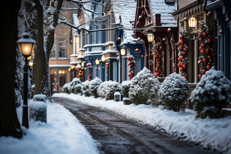 City winter snowy street decorated with luminous garlands and lanterns for christmas, urban preparations for new year, AI Generated illustrationの素材