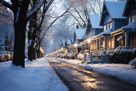 Snow covered street in the suburbs in winter on New Year's Eve, AI Generated illustrationの素材