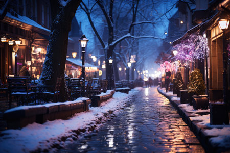 Night city winter snowy street decorated with luminous garlands and lanterns for christmas, urban preparations for new year, AI Generated illustrationの素材
