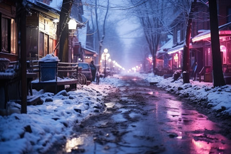 Dirty slum in a poor area of the city, snow covered street in the suburbs in winter on New Year's Eve, AI Generated illustrationの素材