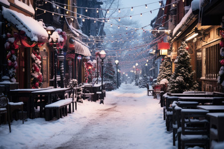 Night city winter snowy street decorated with luminous garlands and lanterns for christmas, urban preparations for new year, AI Generated illustrationの素材