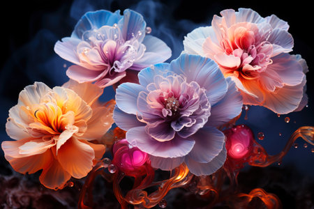 Fantastic glowing flowers on black background, abstract floral wallpaper, magical blooming garden, AI Generated illustrationの素材