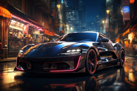 Futuristic sports super car concept on the background of the night city, street racing on expensive exclusive luxury auto, AI Generated illustrationの素材