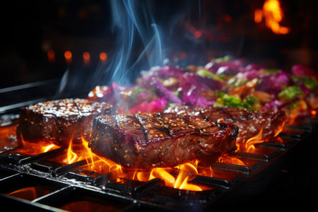 Grilled beef steak with vegetables, barbecue with fire and smoke, AI Generated illustrationの素材