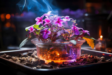 Fantastic glowing flowers on flowerpot, surreal floral wallpaper, magical blooming houseplant, AI Generated illustrationの素材
