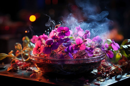 Fantastic glowing flowers on flowerpot, surreal floral wallpaper, magical blooming houseplant, AI Generated illustrationの素材