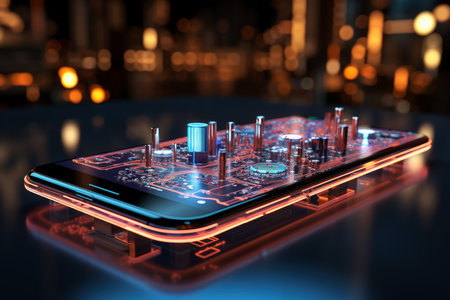 Futuristic smartphone of the future with augmented reality, microchips, microprocessors, integrated circuits, technology science background, AI Generated illustrationの素材