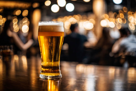 Glass of fresh and cold beer on a table in a bar on blurred bokeh background, AI Generated illustrationの素材