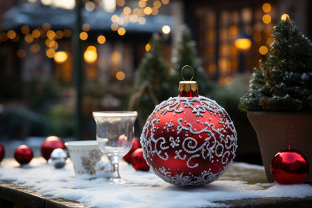 Big decorated red Christmas ball closeup outdoor, xmas decorations, new year tradition, AI Generated illustrationの素材