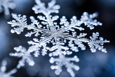 Big snowflake close-up, winter, snowdrifts and New Year's symbol, AI Generated illustrationの素材