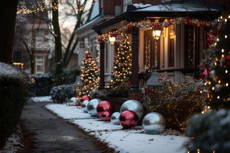 Snowy backyard decorated with luminous garlands, balls and lanterns for Christmas, preparations for new year, AI Generated illustrationの素材