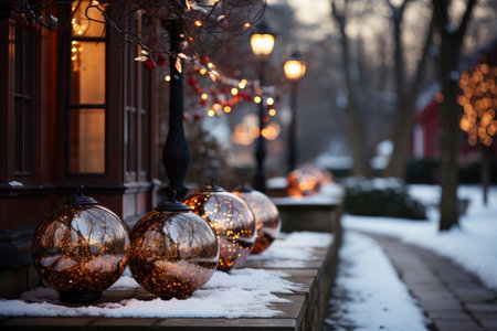 Snowy backyard decorated with luminous garlands, balls and lanterns for Christmas, preparations for new year, AI Generated illustrationの素材