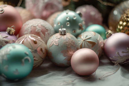 Christmas balls in pastel colors closeup, xmas decorations, new year traditionの素材