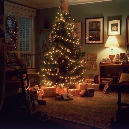 Decorated Christmas tree with balls and garlands in a cozy home interior, new year tradition, merry xmas, AI Generated illustrationの素材