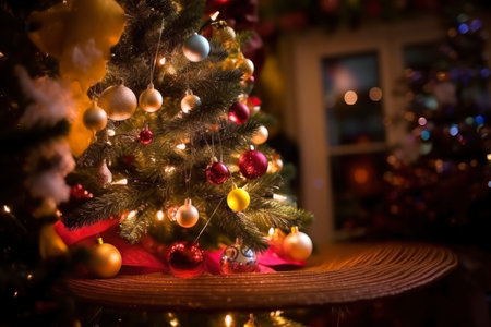 Decorated Christmas tree with balls and garlands in a cozy home interior, new year tradition, merry xmas, AI Generated illustrationの素材